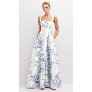 Alfred Sung Blue Floral Bustier Lace Up Corset A-Line Gown Women's 2 NWT $289